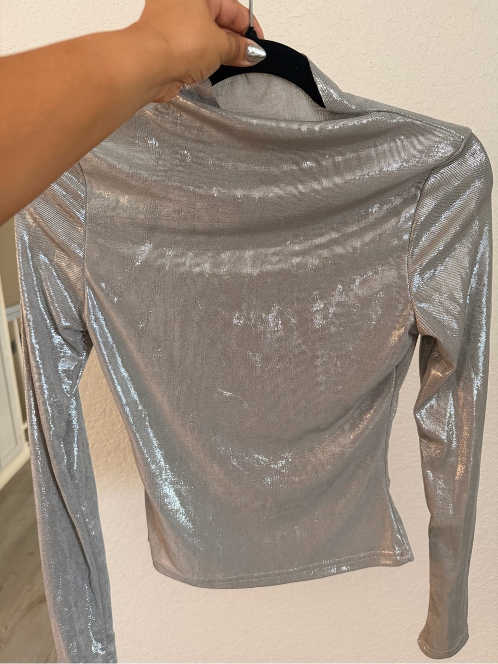 Metallic Long-Sleeve Mock Neck Top - Silver